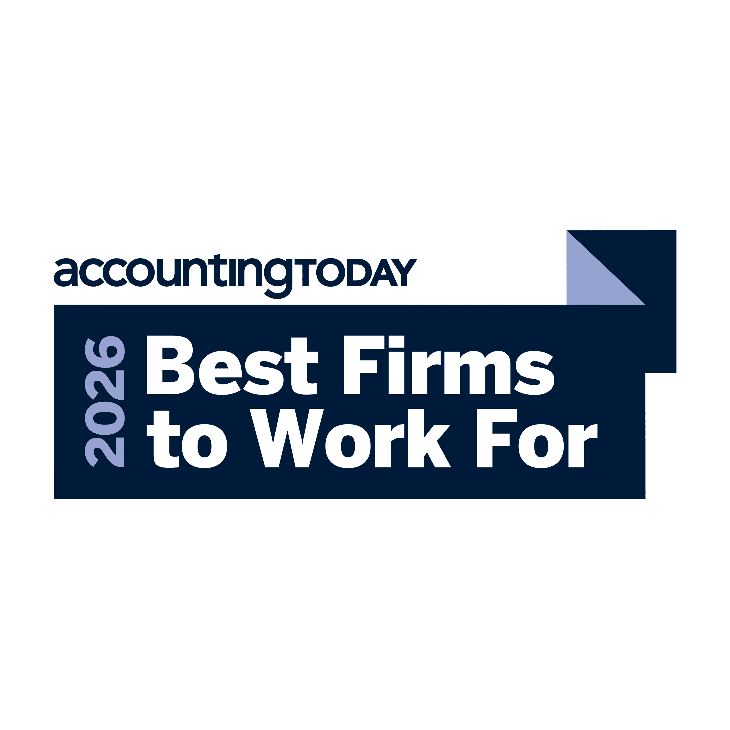 Accounting Today 2026 Best Firms to Work For badge — navy blue banner with white text reading '2026 Best Firms to Work For,' the Accounting Today logo above in navy, and a light blue folded-corner ribbon detail on the right